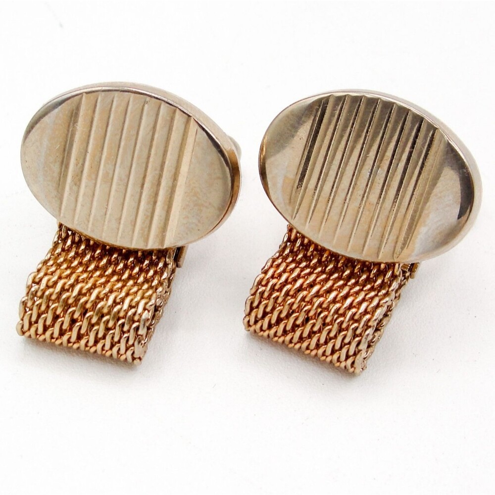 Vintage Oval Striped Lined Gold Tone Mesh Wrap Around Cufflinks Ribbed Retro MCM